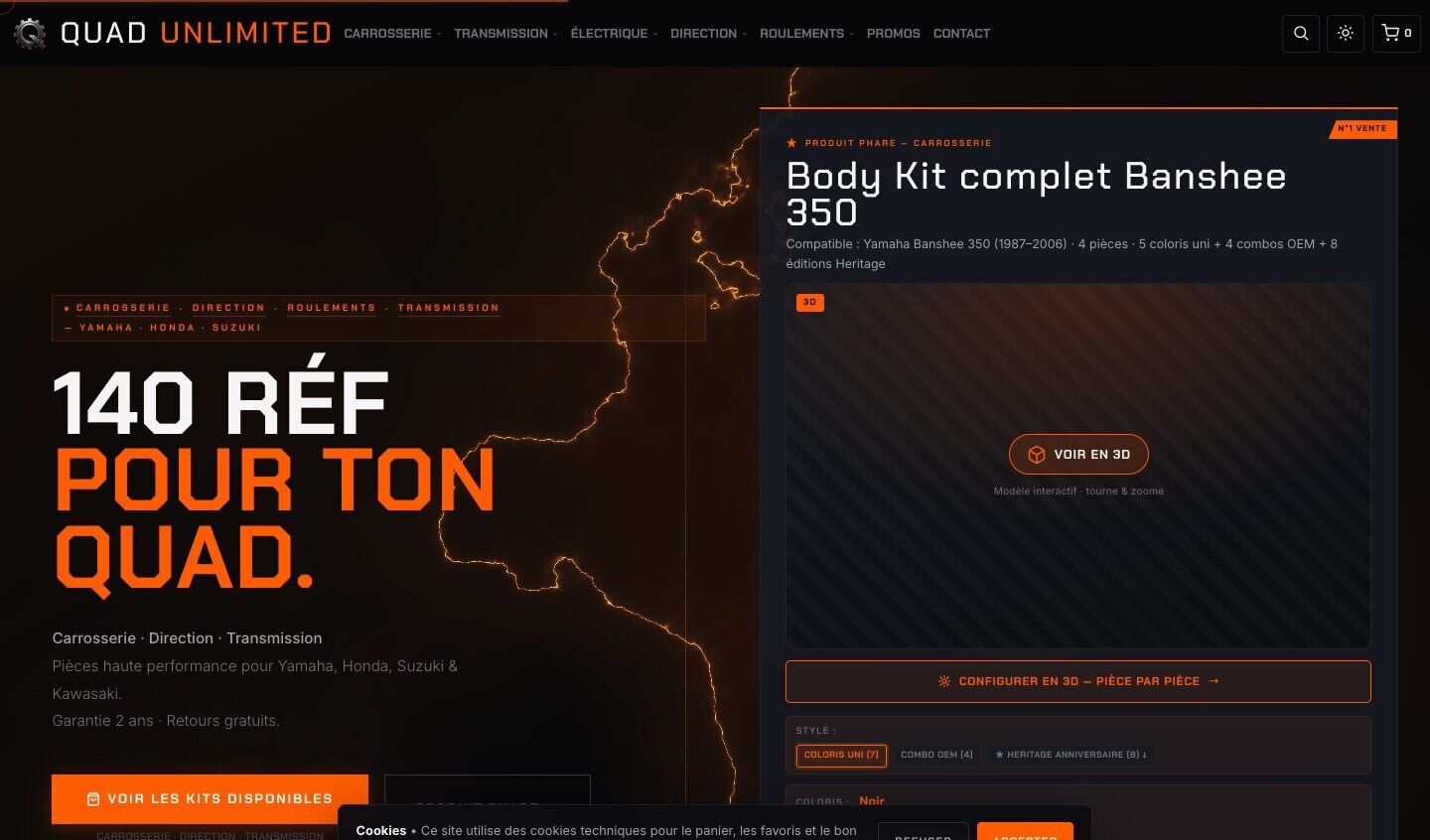 Page d’accueil de Quad Unlimited : catalogue de pièces, fiche Body Kit Banshee 350 avec boutons aperçu et configuration 3D.